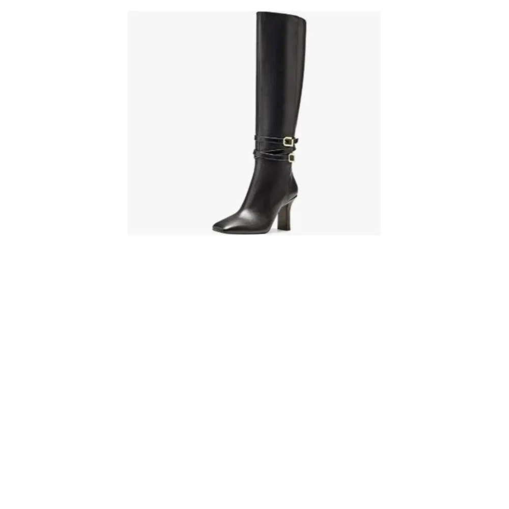 Black Side Zipper Strap Buckle Boots Chunky High Heel Square Toe Ankle Booties